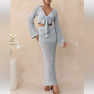 Tie-Knot Open-Knit Crochet Wrap Top and Maxi Skirt Set in Dusty Blue